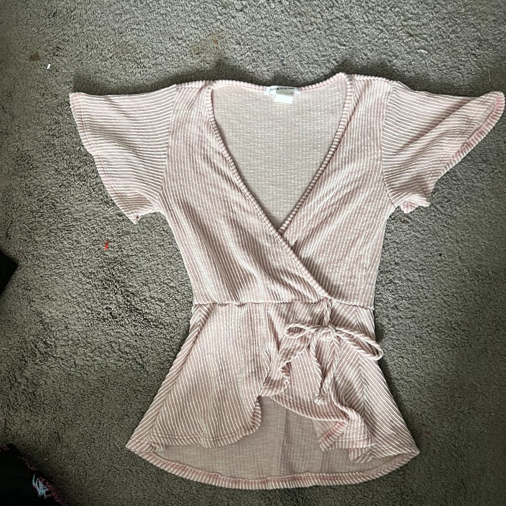 Pink and White Striped V- Neck Flowy Crop Top